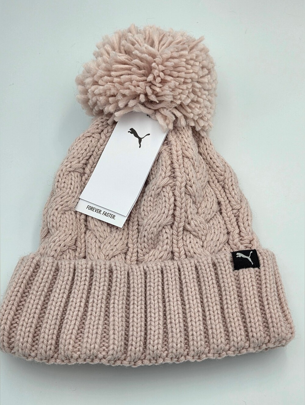 Puma Womens Pastel Pink Cable-Knit Pom Beanie Nwt
